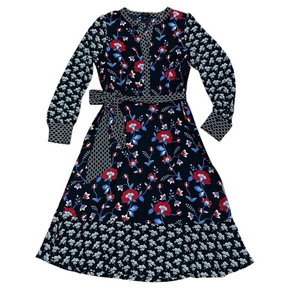 Talbots Sz 10 Dress Mixed Floral Crepe Black Blue Classic Office Boho Midi - Picture 4 of 7